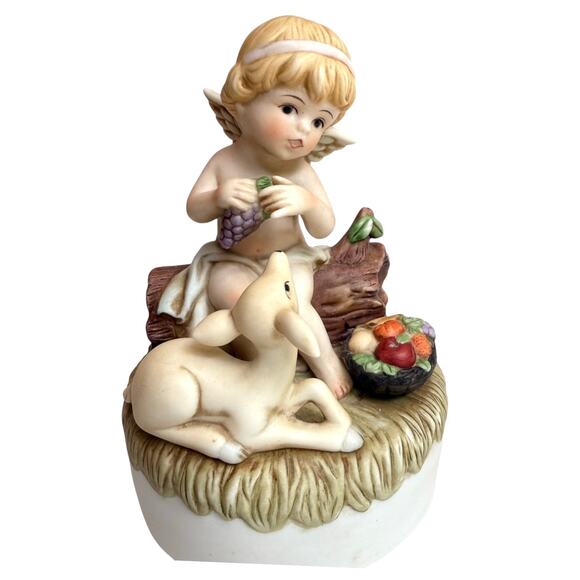 Enesco MUSIC BOX Talk To The Animals Cherub Angel Deer Fruit Basket Ceramic 1984 - Picture 1 of 9